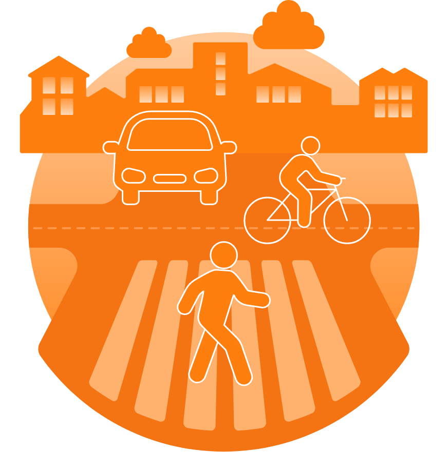 A car, a cyclist and a pedestrian in an inner city environment